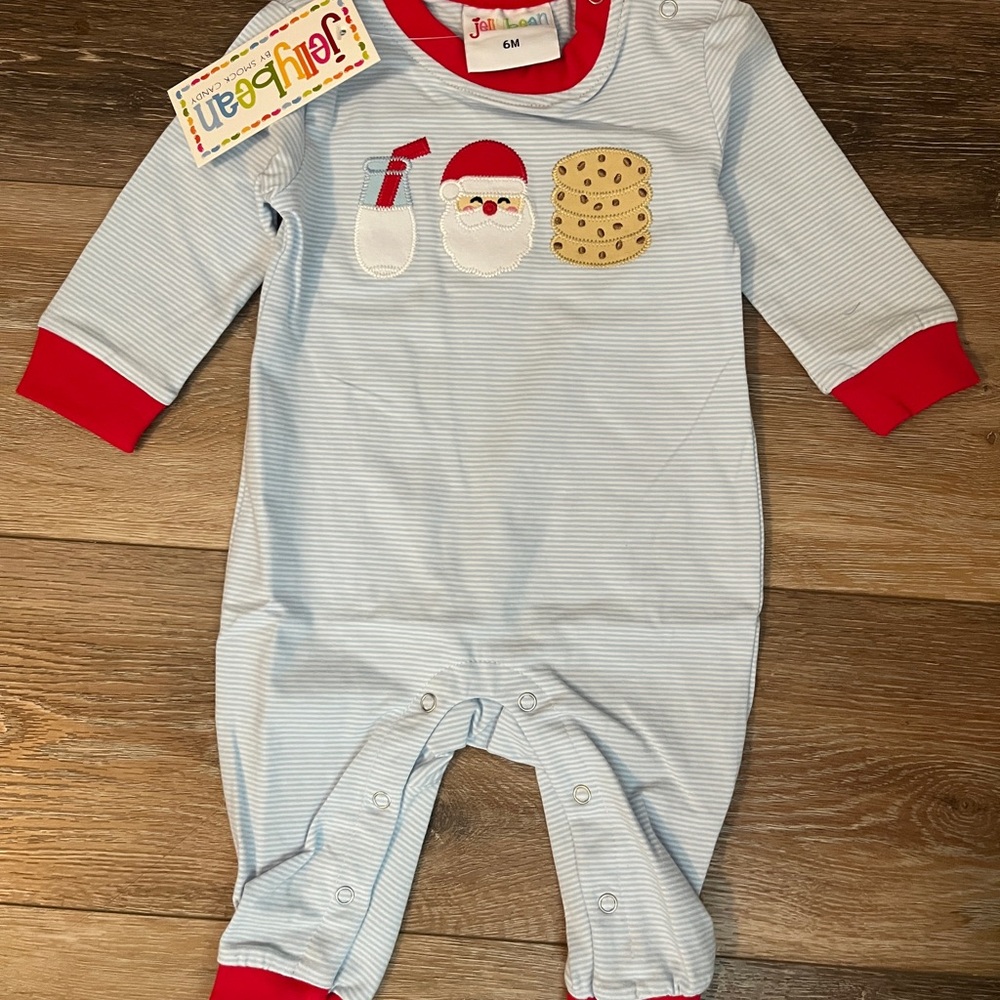Jelly Beans Baby Blue Santa & Cookies One-Piece Romper 6M NWT